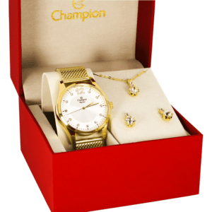 dia das maes Relogio Feminino Dourado Kit Champion com Cristais Original CN25743E 1
