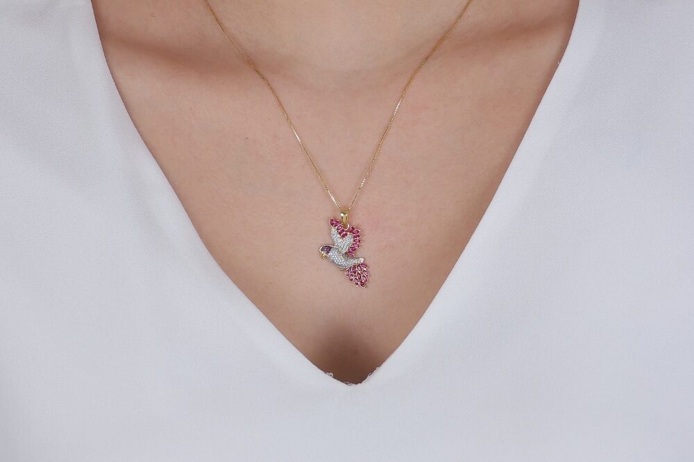 Gargantilha de pássaro rosa e lilás - GG19993