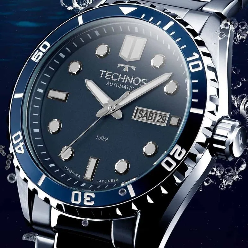 presente para o pai Relogio Masculino Technos Automatico Prata Azul 8205OX 1A 1