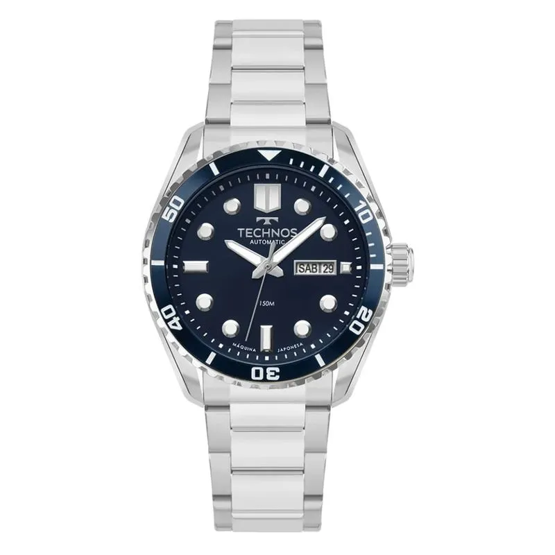 presente para o pai Relogio Masculino Technos Automatico Prata Azul 8205OX 1A