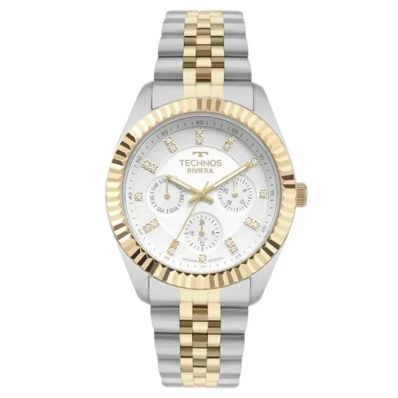 Relogio Feminino Technos Bisel Riviera Classico 2317AH 1K Branco e Dourado