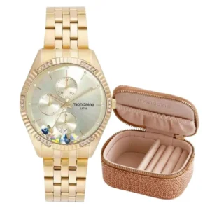 relogios femininos Kit Relogio Feminino Mondaine Cronografo Cristais com Porta Joias 32527LPMVDE1K3 Dourado