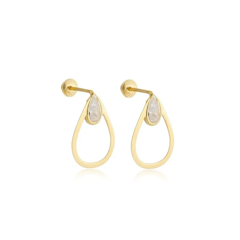 presente para namorada Brinco de Ouro 18K Gota Vazada com Zirconia Branca BR21090
