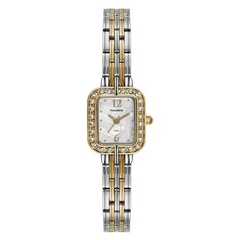 Joias e Relógios para Usar no Réveillon: Looks de Fim de Ano que Brilham! 5 joias e relogios para usar no reveillon Relogio Mondaine Feminino Quadrado Madreperola Cristais Bicolor 99781LPMVBE2