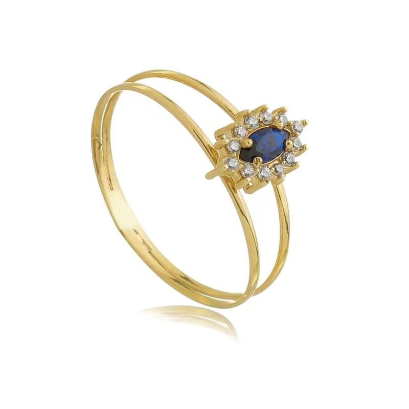 look de natal Anel de Ouro 10K Aro Duplo com Navete Azul e Zirconias AN20343