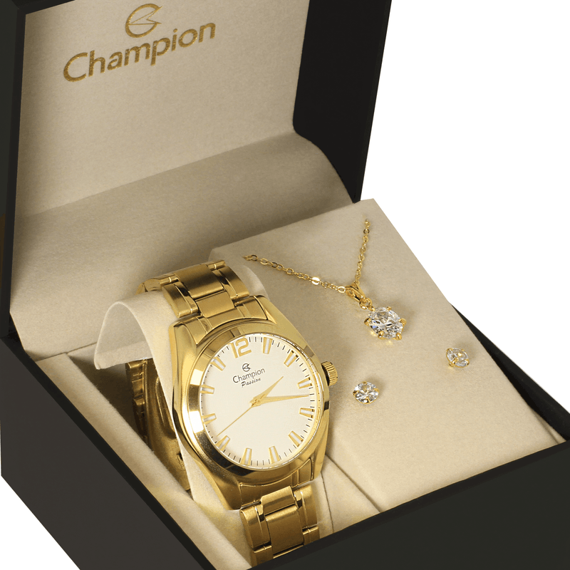 Presente de Amigo Secreto em 2025: Ideias com Joias e Relógios que Nunca Falham 9 presente de amigo secreto Kit Relogio Feminino Champion Dourado CN29865W