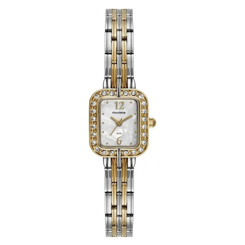 Presente de Amigo Secreto em 2025: Ideias com Joias e Relógios que Nunca Falham 7 presente de amigo secreto Relogio Mondaine Feminino Quadrado Madreperola Cristais Bicolor 99781LPMVBE2