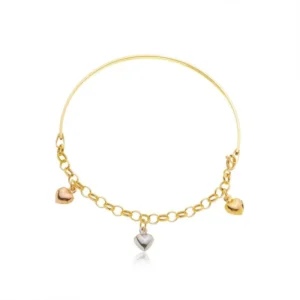 Bracelete de Ouro 18K Malha Elo Portugues com Coracoes Tricolor PS23335