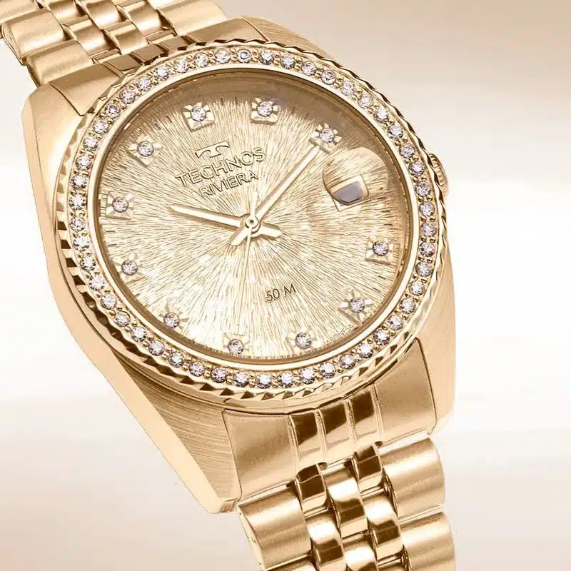 Como combinar relógio feminino com joias: pulseiras, anéis, braceletes e alianças no mesmo look 1 Relogio Feminino Riviera Technos Dourado 2117LFK 1D 1