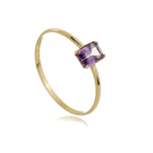 Anel de Ouro 18K Aro Fino com Baguete Ametista Natural AN20334