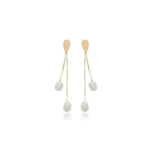 Brinco de Ouro 18K Gota Lisa com Cascata de Veneziana e 2 Perolas Naturais BR20355 2