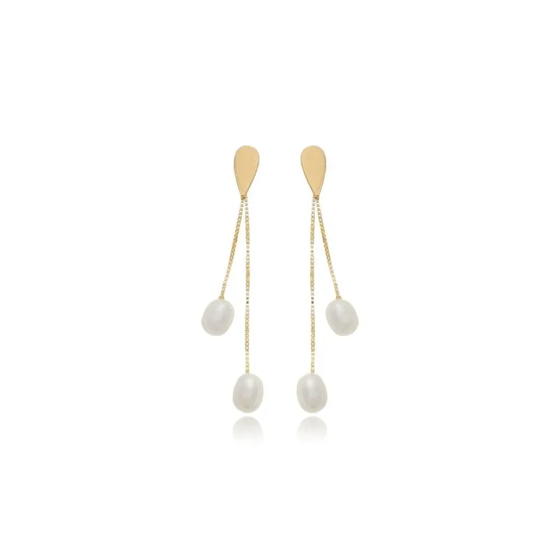 Presentes para mãe da noiva: ideias elegantes e com significado 14 Brinco de Ouro 18K Gota Lisa com Cascata de Veneziana e 2 Perolas Naturais BR20355