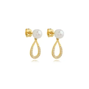 Brinco de Prata com Banho Perola com Gota Pendula de Zirconias BR21528