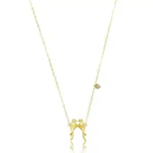 Gargantilha de Ouro 18K Malha Cadeado Navete 45cm com Passaros Beijando e Coracao Cravejado com Brilhantes Rodinado GG22051