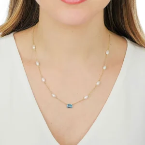 Gargantilha de Ouro 18K Malha Elo Portugues 45cm com Perolas Naturais e Baguete Topazio Swiss GG23525 1