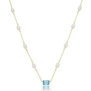 Gargantilha de Ouro 18K Malha Elo Portugues 45cm com Perolas Naturais e Baguete Topazio Swiss GG23525