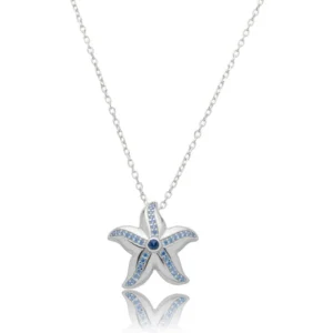 Gargantilha de Prata Malha Cadeado 45cm Estrela do Mar com Zirconias Azul GG23248