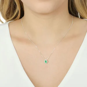 Gargantilha de Prata Malha Veneziana 40cm Zirconia Oval Verde e em Volta Branco GG23985 1