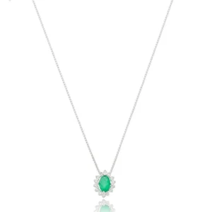 Gargantilha de Prata Malha Veneziana 40cm Zirconia Oval Verde e em Volta Branco GG23985