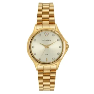 Kit Relogio Feminino Cristais e Coracao Dourado Com Porta Joia Com Espelho