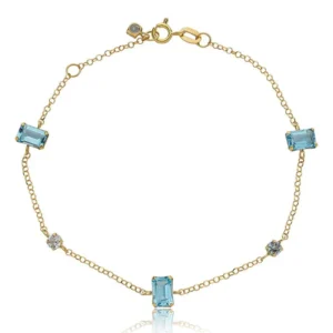 Pulseira de Ouro 18K Malha Portuguesa 18cm com Baguetes Topazio Sky e Redondos Topazio Swiss Naturais PS23571