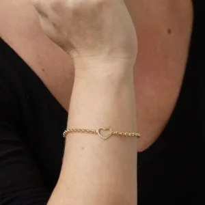Pulseira em Ouro 18K Elo Portugues 19 cm Coracao e Pedras de Zirconias PS20267 1 1