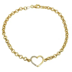 Pulseira em Ouro 18K Elo Portugues 19 cm Coracao e Pedras de Zirconias PS20267 2