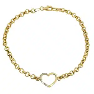 Pulseira em Ouro 18K Elo Portugues 19 cm Coracao e Pedras de Zirconias PS20267